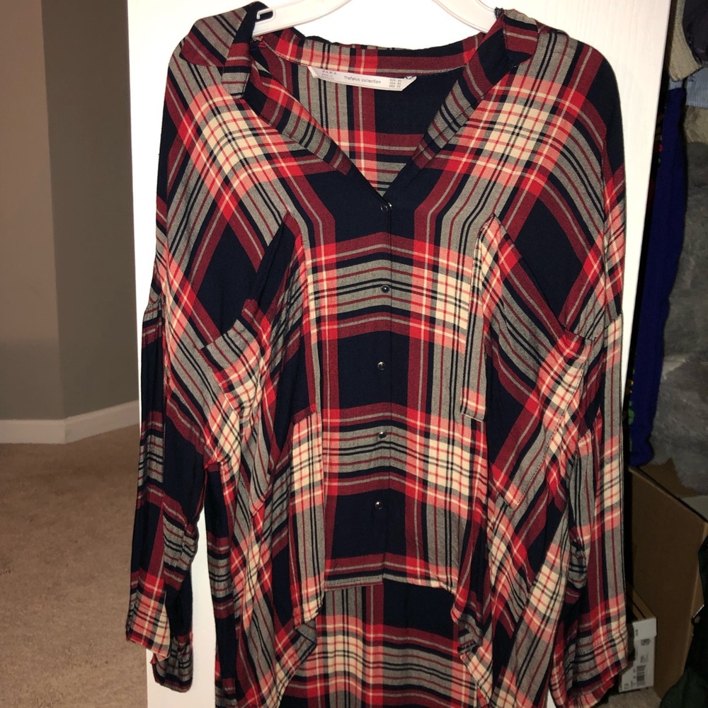 Zara Red Plaid Button Down High Low Shirt